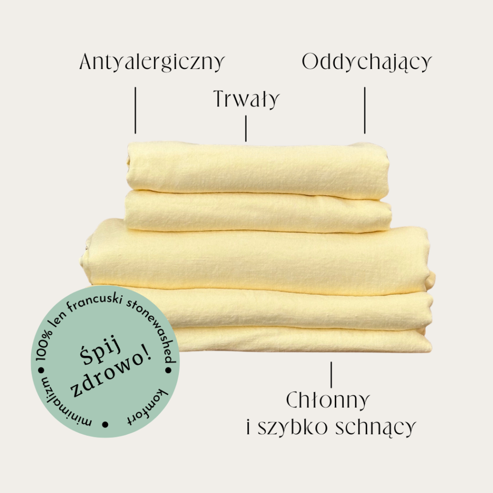 Grafika przedstawia zestaw poszewek lnianych jasnożółtych i opis cech lnu.