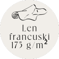 Beżowa grafika pokazuje belę tkaniny i napis "len francuski 175 g/m2"